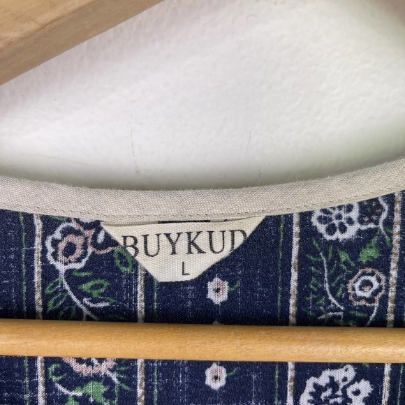 Buyduk Blue Green Mixed Print Floral Striped Cotton Lagenlook Midi Dress Large - Picture 3 of 8